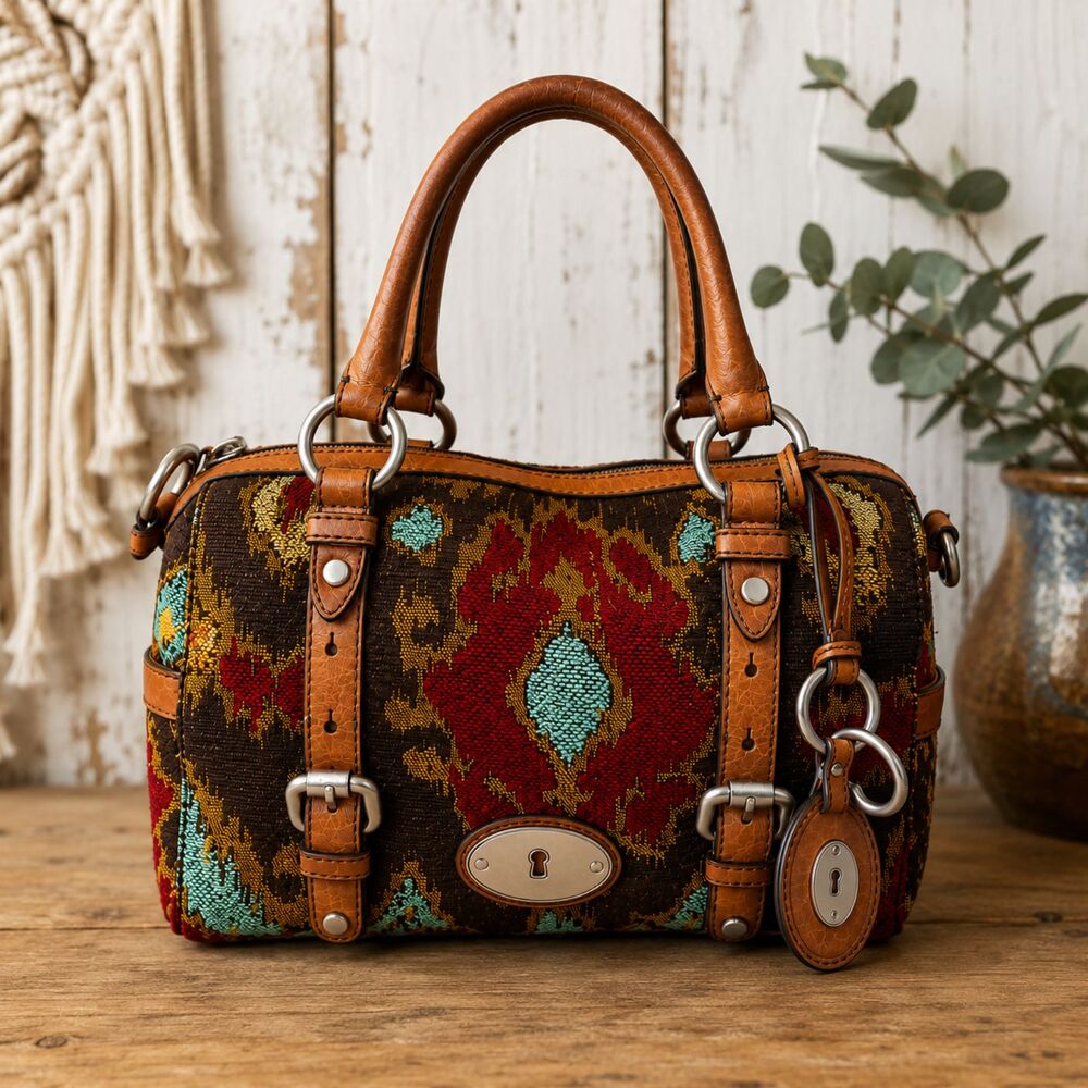 Fossil Maddox Kilim Tapestry Leather Satchel Crossbody Bag LTD